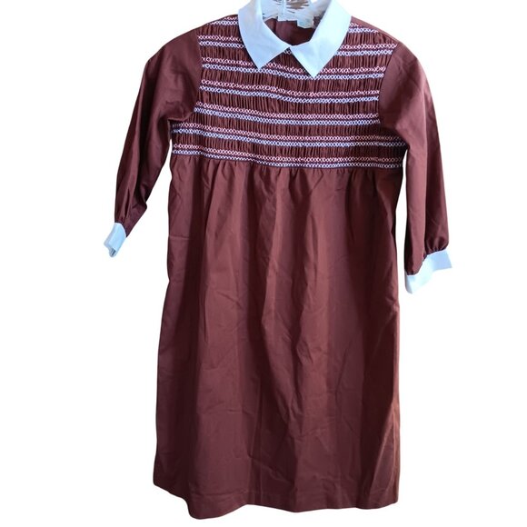 Vintage Girls 8 Dress 1970's J.C. Penney Brown Smocked White Collar & Cuffs Mod - Picture 2 of 6